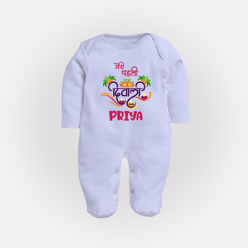 Little Big Dhamaka My First Diwali Sleep Suit | Personalized Baby Sleep Suit - BABY BLUE - New Born (Chest 7.5")