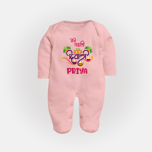 Little Big Dhamaka My First Diwali Sleep Suit | Personalized Baby Sleep Suit - BABY PINK - New Born (Chest 7.5")