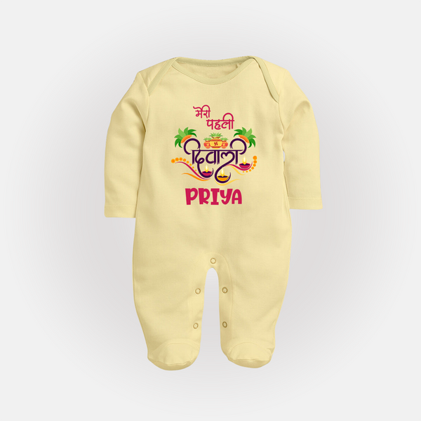 Little Big Dhamaka My First Diwali Sleep Suit | Personalized Baby Sleep Suit - PASTEL YELLOW - New Born (Chest 7.5")
