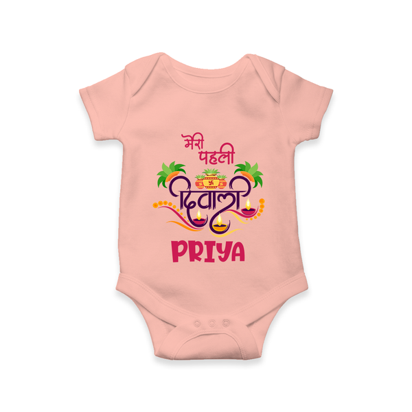Little Big Dhamaka My First Diwali Romper | Personalized Baby Romper - PEACH - New Born (Chest 14")