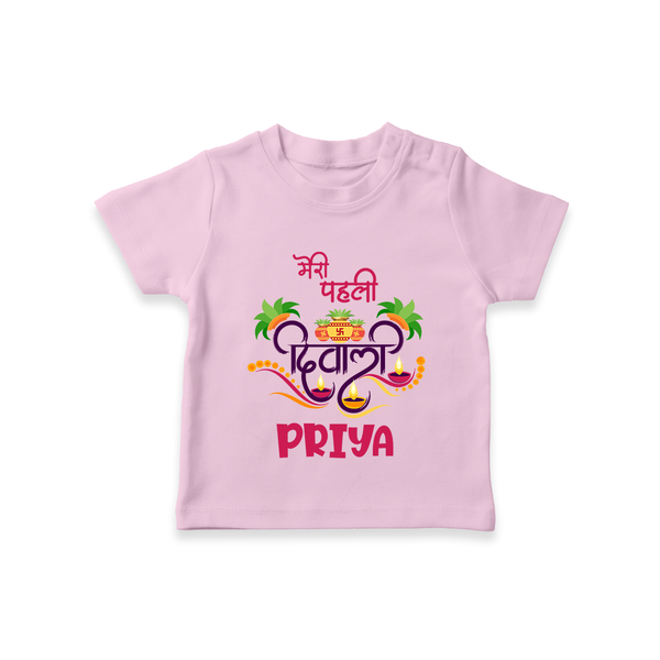Little Big Dhamaka My First Diwali Tshirt | Personalized Baby Tshirt - BABY PINK - 0-5 Months Old (Chest 17")