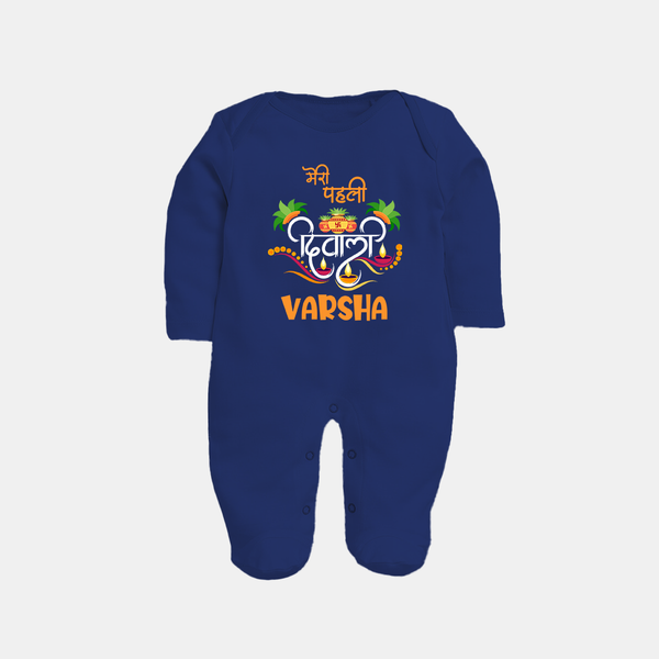 Little Big Dhamaka My First Diwali Sleep Suit | Personalized Baby Sleep Suit - NAVY BLUE - New Born (Chest 7.5")