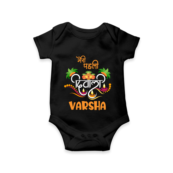 Little Big Dhamaka My First Diwali Romper | Personalized Baby Romper - BLACK - New Born (Chest 14")