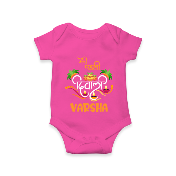 Little Big Dhamaka My First Diwali Romper | Personalized Baby Romper - HOT PINK - New Born (Chest 14")