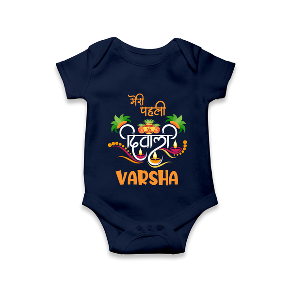 Little Big Dhamaka My First Diwali Romper | Personalized Baby Romper - NAVY BLUE - New Born (Chest 14")