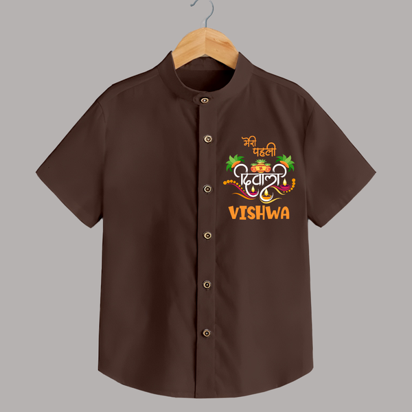 Little Big Dhamaka My First Diwali Shirt | Personalized Baby Shirt - CHOCOLATE BROWN - 0 - 6 Months Old (Chest 23")