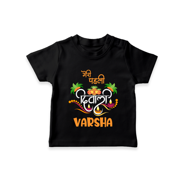 Little Big Dhamaka My First Diwali Tshirt | Personalized Baby Tshirt - BLACK - 0-5 Months Old (Chest 17")