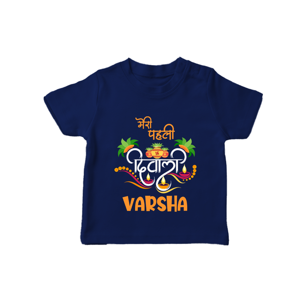 Little Big Dhamaka My First Diwali Tshirt | Personalized Baby Tshirt - NAVY BLUE - 0-5 Months Old (Chest 17")