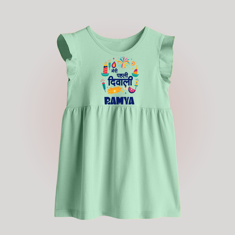 Mini Mithai Monster My First Diwali Baby Frock | Personalized Baby Outfit - MINT GREEN - 0 - 3 Months Old (Chest 17")