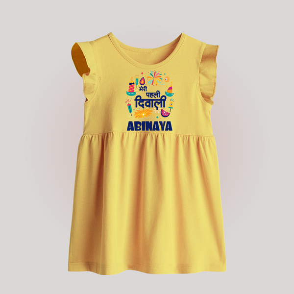 My First Diwali Colorful Celebration Baby Frock - PASTEL YELLOW - 0 - 3 Months Old (Chest 17")