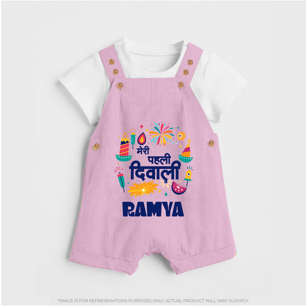Mini Mithai Monster My First Diwali Dungaree Set | Personalized Baby Outfit - BABY PINK - 0 - 5 Months Old (Chest 18")