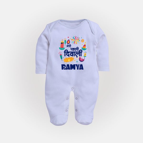 Mini Mithai Monster My First Diwali Sleep Suit | Personalized Baby Outfit - BABY BLUE - New Born (Chest 7.5")