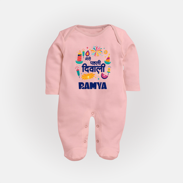 Mini Mithai Monster My First Diwali Sleep Suit | Personalized Baby Outfit - BABY PINK - New Born (Chest 7.5")