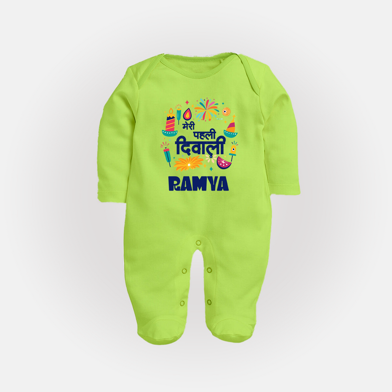 Mini Mithai Monster My First Diwali Sleep Suit | Personalized Baby Outfit - LIME GREEN - New Born (Chest 7.5")