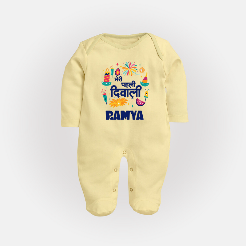 Mini Mithai Monster My First Diwali Sleep Suit | Personalized Baby Outfit - PASTEL YELLOW - New Born (Chest 7.5")