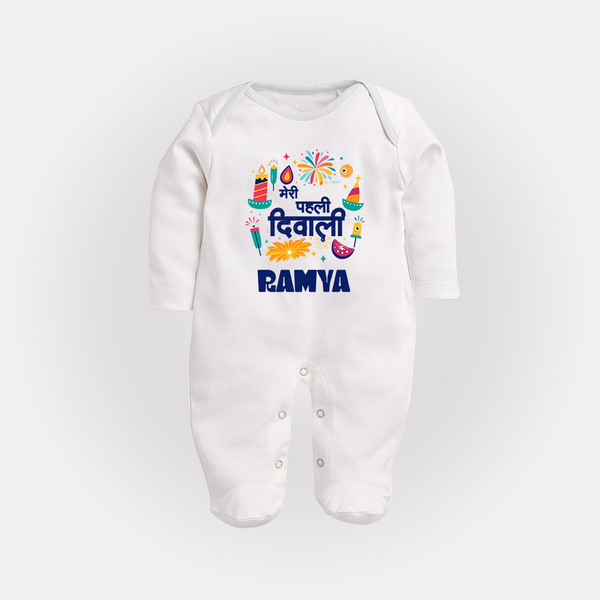 Mini Mithai Monster My First Diwali Sleep Suit | Personalized Baby Outfit - WHITE - New Born (Chest 7.5")