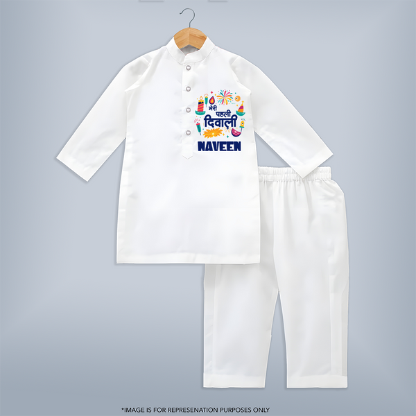 Mini Mithai Monster My First Diwali Kurta Set | Personalized Baby Outfit - WHITE - 3 - 6 Months Old (Chest 24", Kurta Length 14'', Waist 19", Pant Length 14")