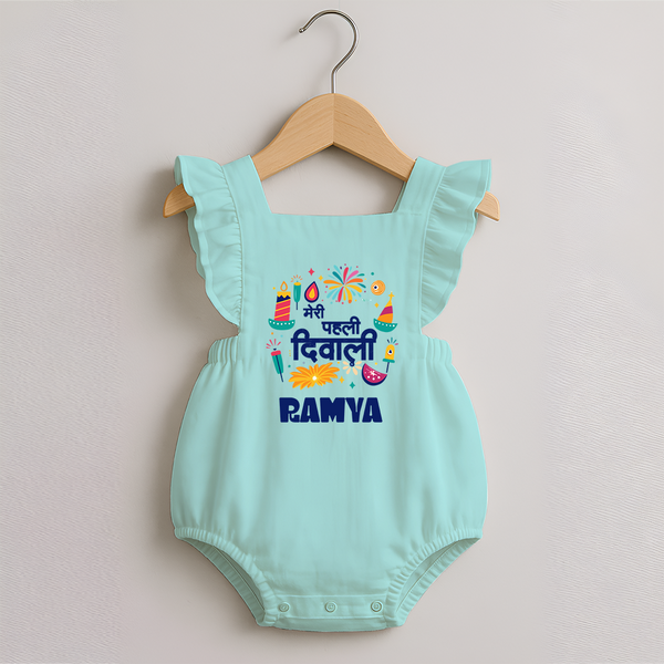 Mini Mithai Monster My First Diwali Romper Frock | Personalized Baby Outfit - MINT GREEN - 0 - 3 Months Old (Chest 19")