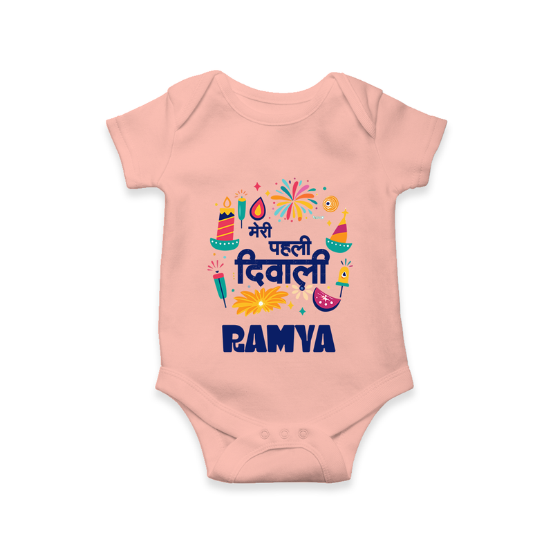 Mini Mithai Monster My First Diwali Romper | Personalized Baby Outfit - PEACH - New Born (Chest 14")