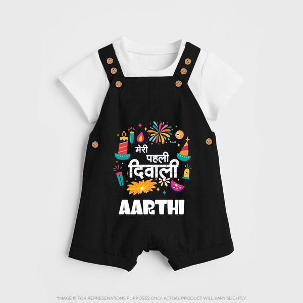 Mini Mithai Monster My First Diwali Dungaree Set | Personalized Baby Outfit - BLACK - 0 - 5 Months Old (Chest 18")