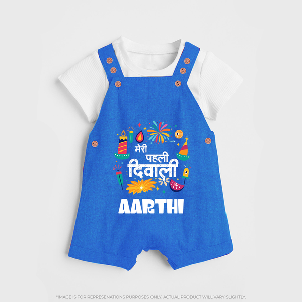 Mini Mithai Monster My First Diwali Dungaree Set | Personalized Baby Outfit - COBALT BLUE - 0 - 5 Months Old (Chest 18")