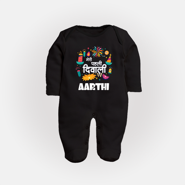 Mini Mithai Monster My First Diwali Sleep Suit | Personalized Baby Outfit - BLACK - New Born (Chest 7.5")