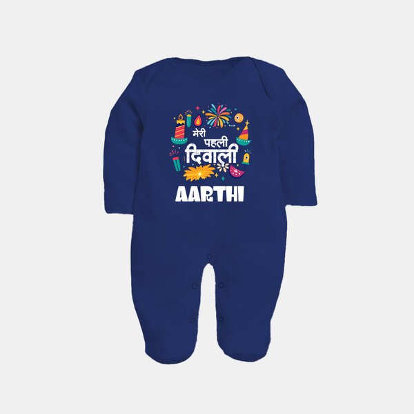 Mini Mithai Monster My First Diwali Sleep Suit | Personalized Baby Outfit - NAVY BLUE - New Born (Chest 7.5")