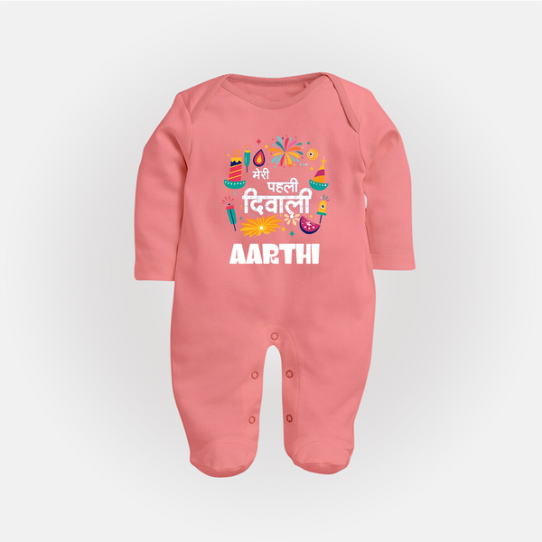 Mini Mithai Monster My First Diwali Sleep Suit | Personalized Baby Outfit - PEACH - New Born (Chest 7.5")