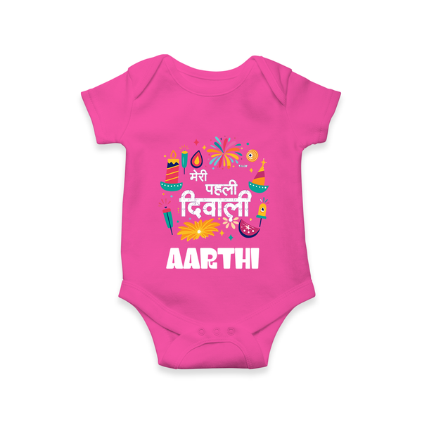 Mini Mithai Monster My First Diwali Romper | Personalized Baby Outfit - HOT PINK - New Born (Chest 14")