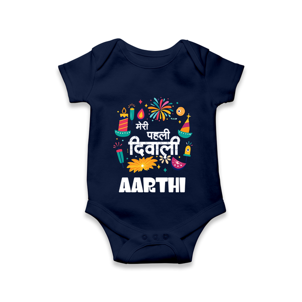 Mini Mithai Monster My First Diwali Romper | Personalized Baby Outfit - NAVY BLUE - New Born (Chest 14")