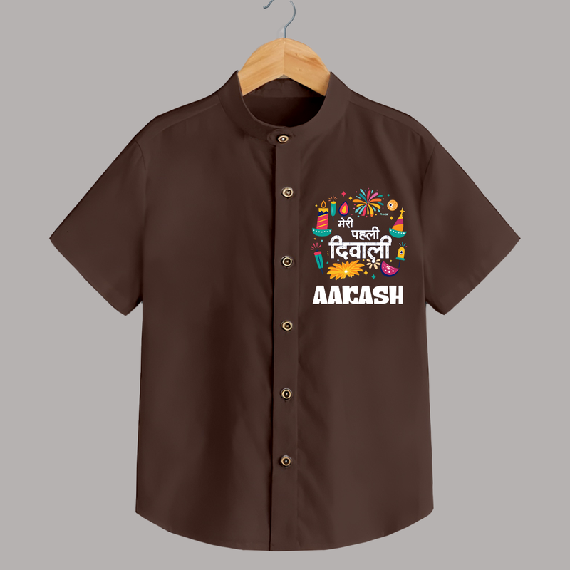 Mini Mithai Monster My First Diwali Shirt | Personalized Baby Outfit - CHOCOLATE BROWN - 0 - 6 Months Old (Chest 23")