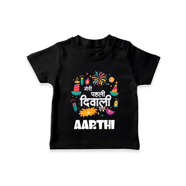 Mini Mithai Monster My First Diwali Tshirt | Personalized Baby Outfit - BLACK - 0-5 Months Old (Chest 17")