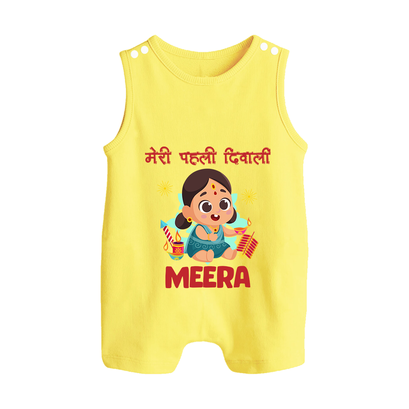Enga Veetu Dheepam My First Diwali Romper Suit | Custom Baby Outfit for Festival - PASTEL YELLOW - 0 - 5 Months Old (Chest 18")