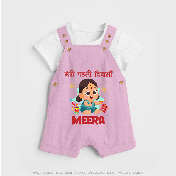 Enga Veetu Dheepam My First Diwali Dungaree Set | Custom Baby Outfit for Festival - BABY PINK - 0 - 5 Months Old (Chest 18")