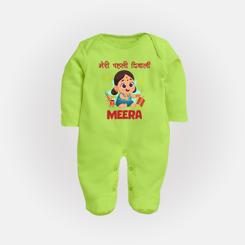 Enga Veetu Dheepam My First Diwali Sleep Suit | Custom Baby Outfit for Festival - LIME GREEN - New Born (Chest 7.5")