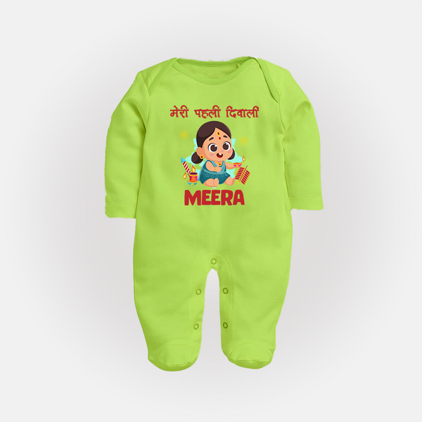 Enga Veetu Dheepam My First Diwali Sleep Suit | Custom Baby Outfit for Festival - LIME GREEN - New Born (Chest 7.5")