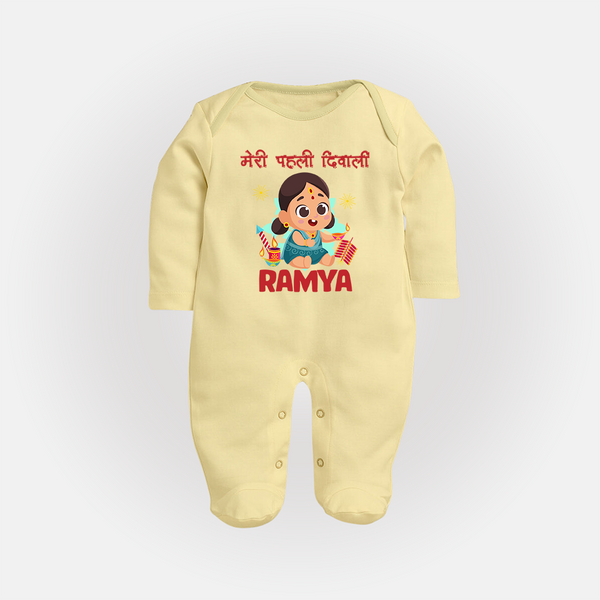 My First Diwali Firework Dreams Full Body Suit - PASTEL YELLOW - New Born (Chest 7.5")