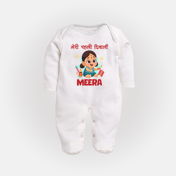 Enga Veetu Dheepam My First Diwali Sleep Suit | Custom Baby Outfit for Festival - WHITE - New Born (Chest 7.5")