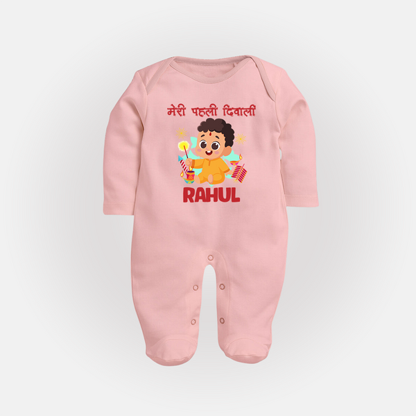 My First Diwali Happy Moments Full Body Suit - BABY PINK - New Born (Chest 7.5")