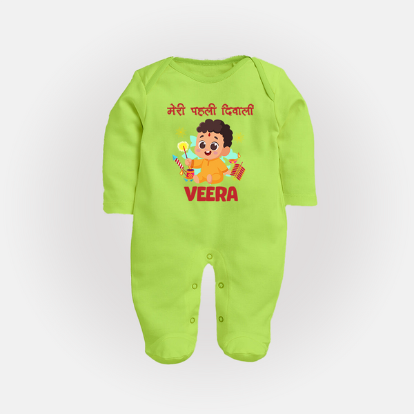 Chota Pattaka My First Diwali Sleep Suit | Custom Baby Sleep Suit for Little Firecracker - LIME GREEN - New Born (Chest 7.5")