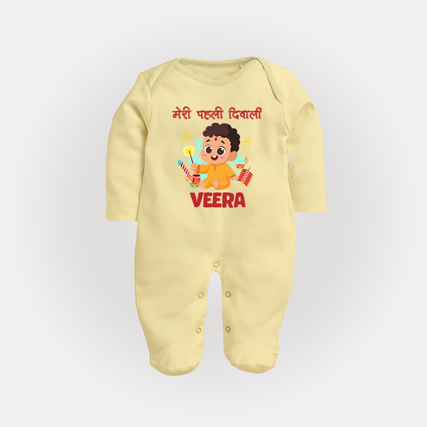 Chota Pattaka My First Diwali Sleep Suit | Custom Baby Sleep Suit for Little Firecracker - PASTEL YELLOW - New Born (Chest 7.5")