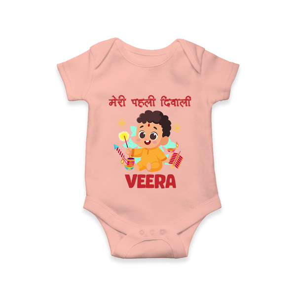 Chota Pattaka My First Diwali Romper | Custom Baby Romper for Little Firecracker - PEACH - New Born (Chest 14")