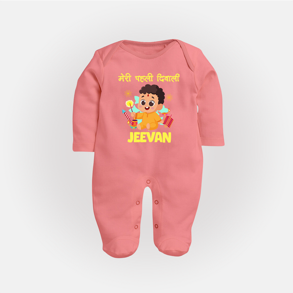 Chota Pattaka My First Diwali Sleep Suit | Custom Baby Sleep Suit for Little Firecracker - PEACH - New Born (Chest 7.5")