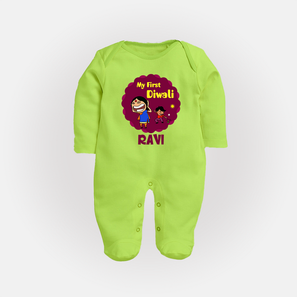 My First Diwali Sparkle Full Body Suit - LIME GREEN - New Born (Chest 7.5")