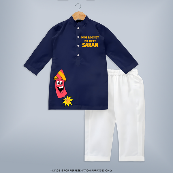 Mini Rocket On Duty Diwali Kurta  - NAVY BLUE - 3 - 6 Months Old (Chest 24", Kurta Length 14'', Waist 19", Pant Length 14")