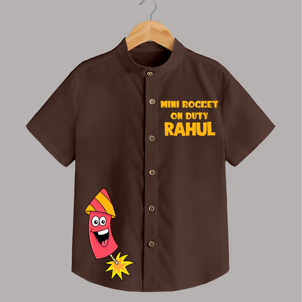 Mini Rocket on Duty Shirt | Custom Kids Shirt for Festival Fun - CHOCOLATE BROWN - 0 - 6 Months Old (Chest 23")