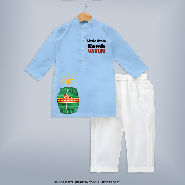 Little Atom Bomb Diwali Kurta  - BABY BLUE - 3 - 6 Months Old (Chest 24", Kurta Length 14'', Waist 19", Pant Length 14")