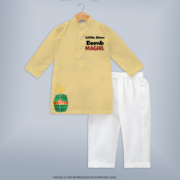 Little Bomb Kurta | Personalized Kids Kurta for Diwali Celebration - PASTEL YELLOW - 3 - 6 Months Old (Chest 24", Kurta Length 14'', Waist 19", Pant Length 14")