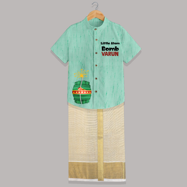 Little Atom Bomb Diwali Shirt and Dhoti  - AQUA GREEN - 0 - 6 Months Old (Chest-23") (Dhoti length-14")