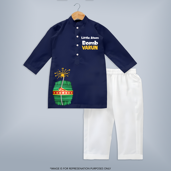 Little Atom Bomb Diwali Kurta  - NAVY BLUE - 3 - 6 Months Old (Chest 24", Kurta Length 14'', Waist 19", Pant Length 14")